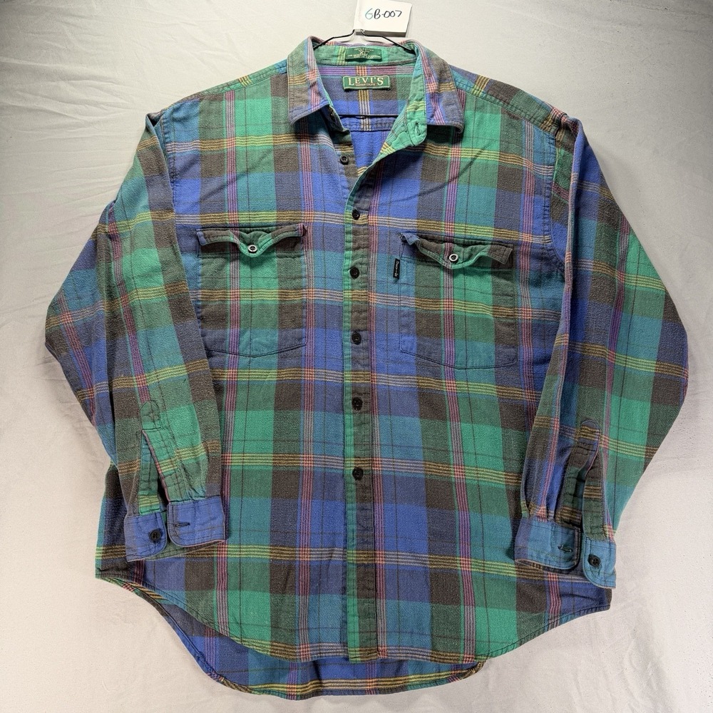 Vintage Levis Flannel Shirt Mens XL Multicolor Plaid Cotton Lumberjack 80s